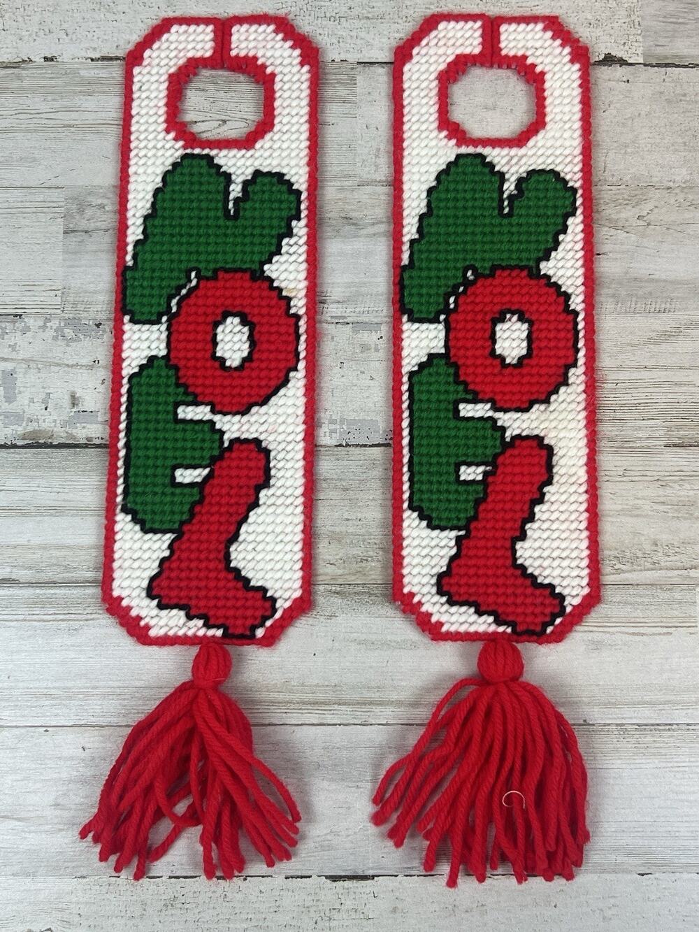 Vintage Handmade Plastic Canvas JOY Door Hangers Christmas Tassel Decor Pair